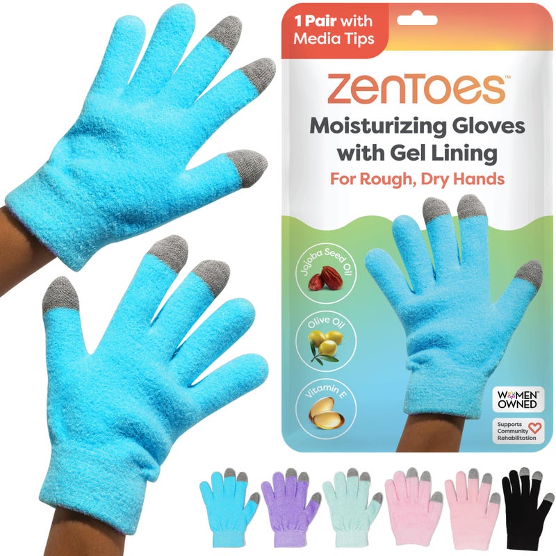 Zentoes قفازات زين توز المرطبة لليدين الجافة، جل م infused بزيت بذور الجوجوبا، زيت الزيتون وفيتامين E، مرطب لليدين طوال الليل (OSFM، أزرق فuzzy مع نصائح وسائط) - Image 1